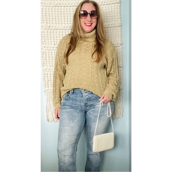 Vintage gold metallic sparkle ribbed knit turtleneck tunic sweater size medium M - Picture 6 of 7